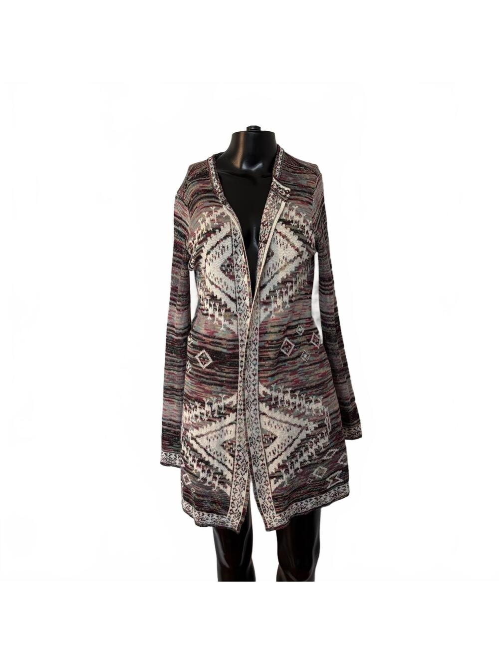 One World Brown Geometric Knit Boho Open Cardigan PM